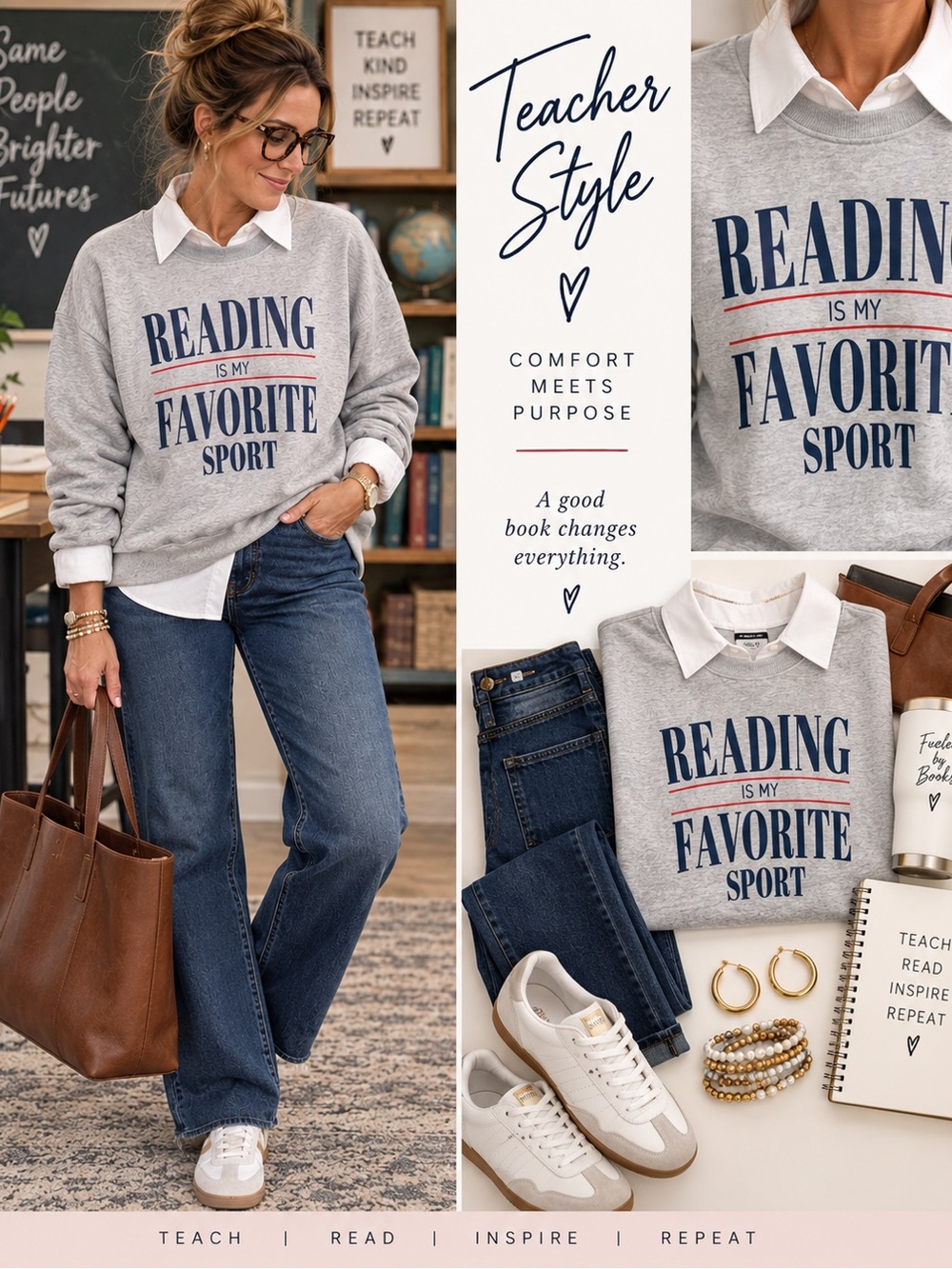 Reading Is My Favorite Sport Gray Graphic Sweatshirt - teacher style 2XL
